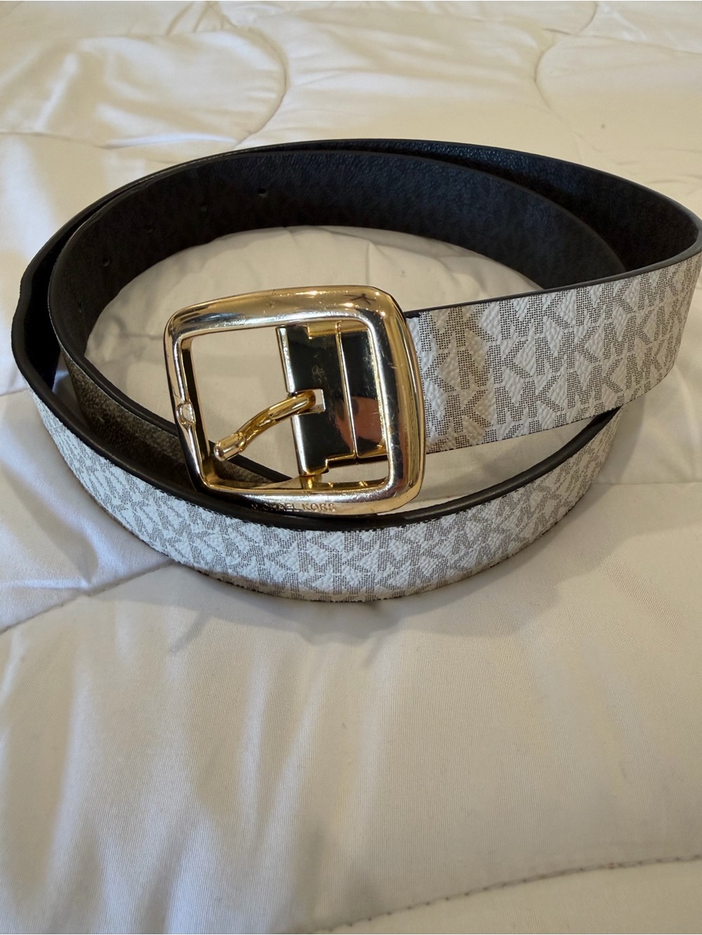 Michael Kors Beige Logo Reversible Belt with Gold Buckle